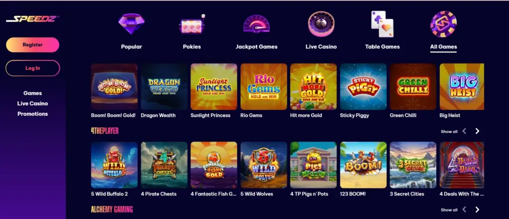 speedz casino navigation menu banner